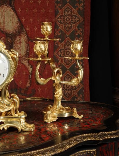 fig 2. Antique French Ormolu Rococo Boudoir Clock Set ~ A. D. Mougin