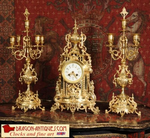 Stunning Antique French Gilt Brass Clock Set