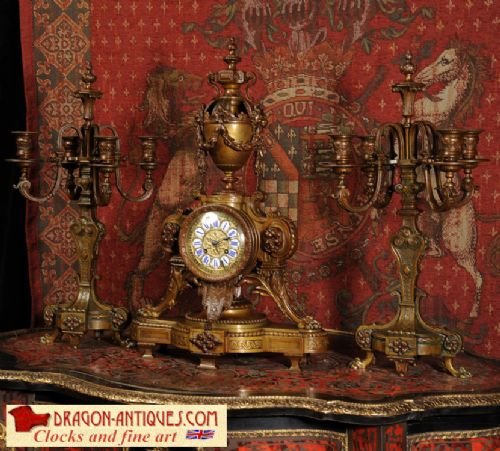 Japy Freres Antique French Baroque Bronze Clock Set