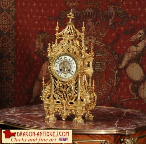 Japy Freres Antique French Gothic 
Gilt Brass Table Clock