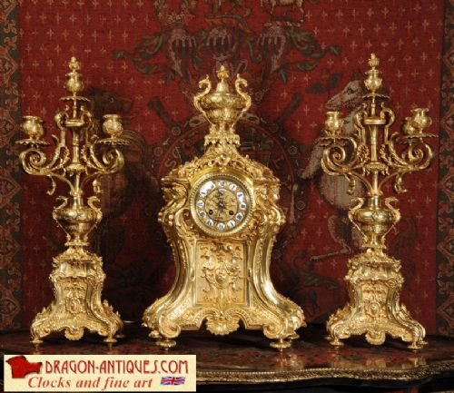Large Antique French Gilt Brass Clock Set, H & F Paris