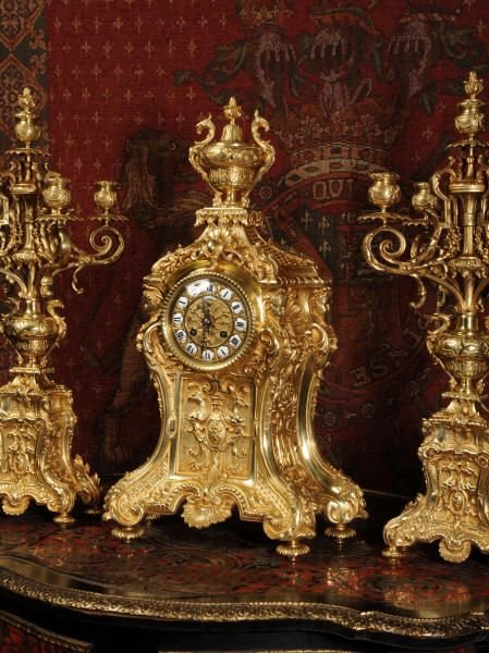 fig 1. Large Antique French Gilt Brass Clock Set, H & F Paris