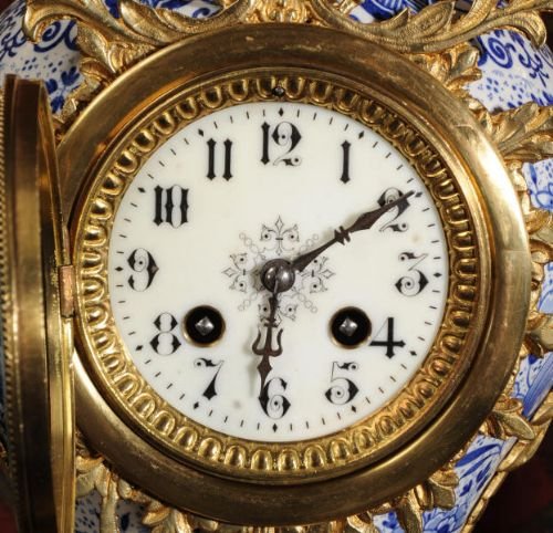 fig 3. Japy Freres Antique French Blue and White Vase Clock Set