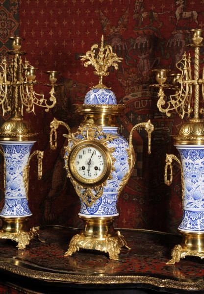 fig 1. Japy Freres Antique French Blue and White Vase Clock Set