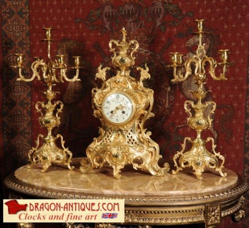 Large Antique French Rococo Gilt Brass Clock Set