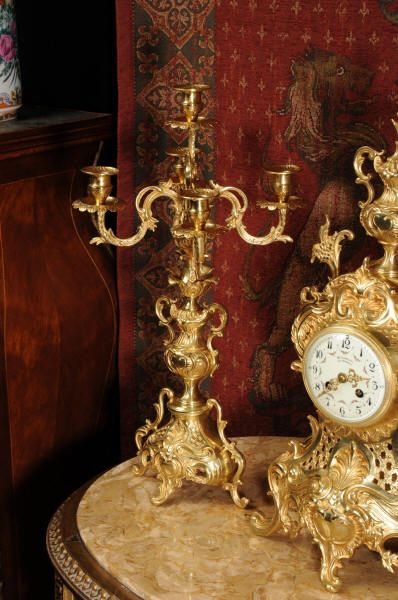 fig 2. Large Antique French Rococo Gilt Brass Clock Set