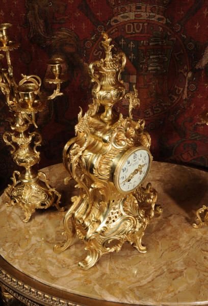 fig 1. Large Antique French Rococo Gilt Brass Clock Set