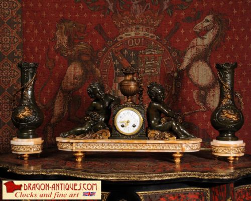 Antique Clock Set ~ Bacchus Themed Putti 
~ French - Circa 1890 ~