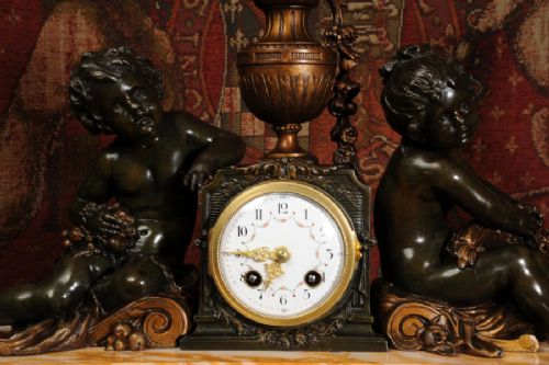 fig 1. Antique Clock Set ~ Bacchus Themed Putti 
~ French - Circa 1890 ~