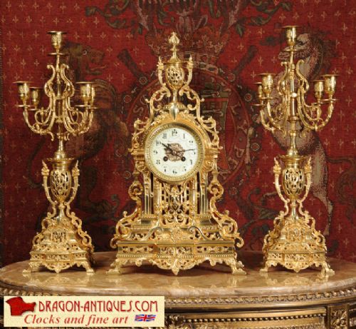 Antique Clock Set, Gilt Brass Louis Xvi Style by Samuel Marti
