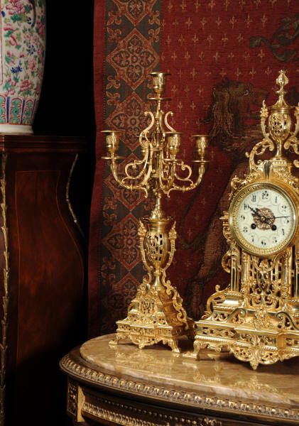 fig 2. Antique Clock Set, Gilt Brass Louis XVI Style by Samuel Marti