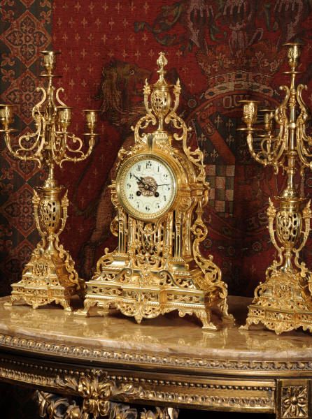 fig 1. Antique Clock Set, Gilt Brass Louis XVI Style by Samuel Marti