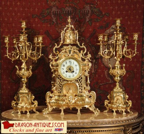 Antique French Clock Set by Japy Freres, Large Gothic Gilt Brass