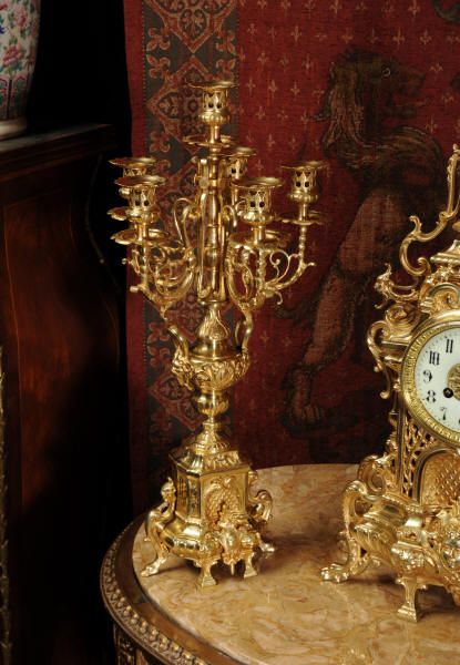 fig 2. Antique French Clock Set by Japy Freres, Large Gothic Gilt Brass