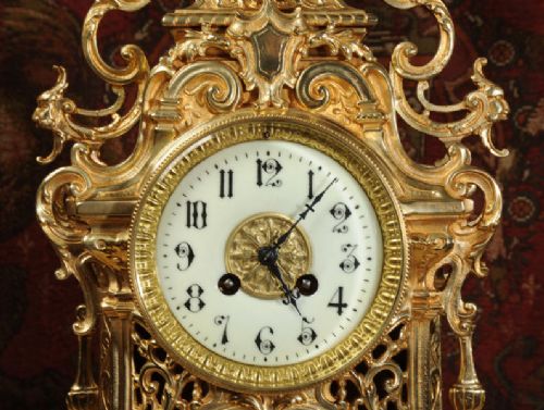 fig 3. Antique French Clock Set by Japy Freres, Large Gothic Gilt Brass