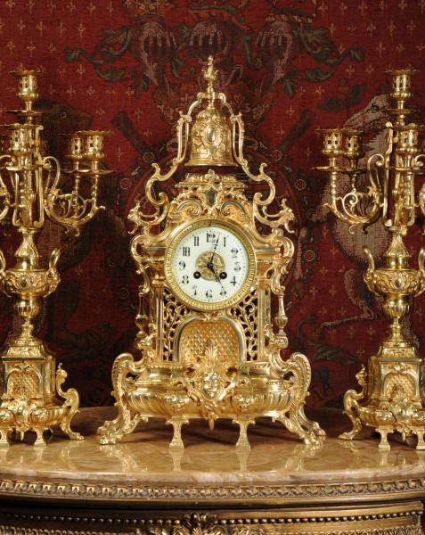 fig 1. Antique French Clock Set by Japy Freres, Large Gothic Gilt Brass