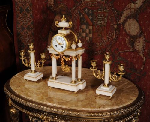 fig 1. Antique Clock Set ~ Ormolu and White Marble
~ French - Circa 1870 ~