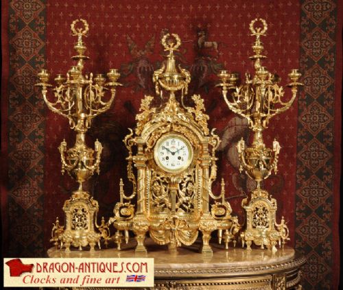 Huge Antique French Gilt Brass Clock Set