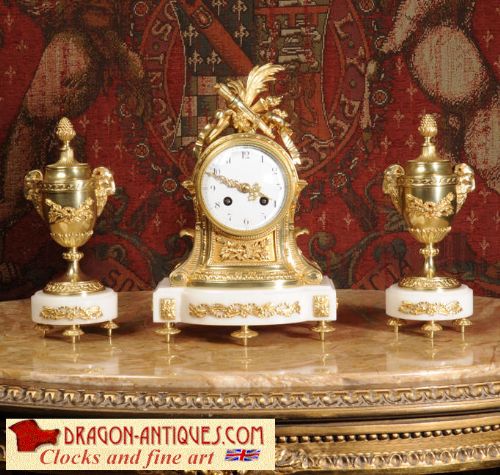Antique Clocks ~ Stunning White Marble and Ormolu Boudoir Clock Set