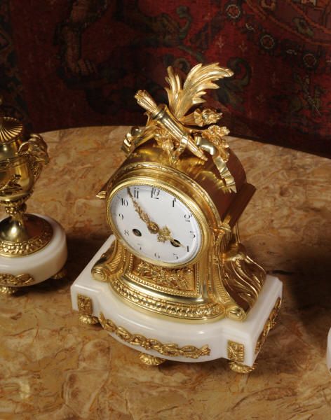 fig 1. Antique Clocks ~ Stunning White Marble and Ormolu Boudoir Clock Set