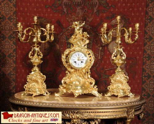 Stunning Antique Clock Set by Japy Freres Cherub with Dolphin