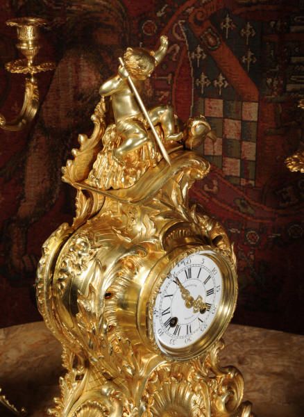 fig 1. Stunning Antique Clock Set by Japy Freres Cherub with Dolphin