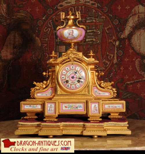 Antique French Clock ~ Pink Serves Porcelain and Gilt Metal by Japy Freres