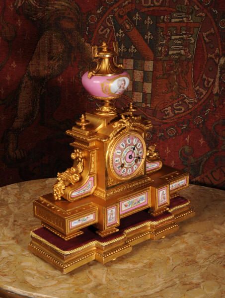 fig 1. Antique French Clock ~ Pink Serves Porcelain and Gilt Metal by Japy Freres