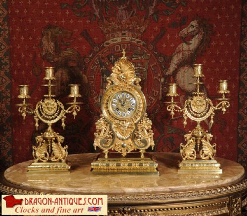 Antique Clock Set ~ Chinoiserie Design with Chinese Dragons