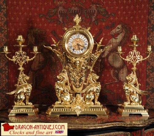 Superb Gilt Bronze Clock Set ~ Dragons
~ English / French - Circa 1880 ~