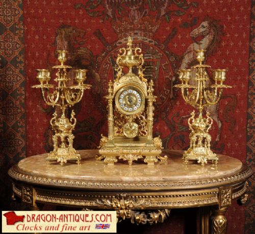 Antique French Gilt Brass Portico Clock Set with Visible Pendulum
