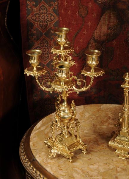 fig 3. Antique French Gilt Brass Portico Clock Set with visible pendulum