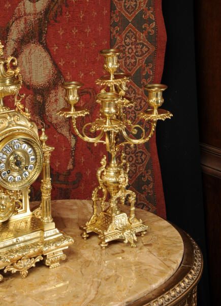 fig 4. Antique French Gilt Brass Portico Clock Set with visible pendulum