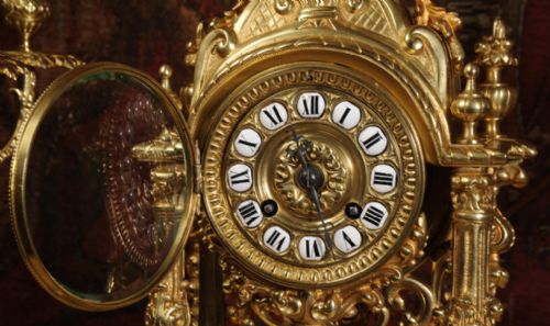 fig 2. Antique French Gilt Brass Portico Clock Set with visible pendulum