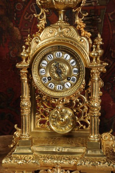 fig 1. Antique French Gilt Brass Portico Clock Set with visible pendulum