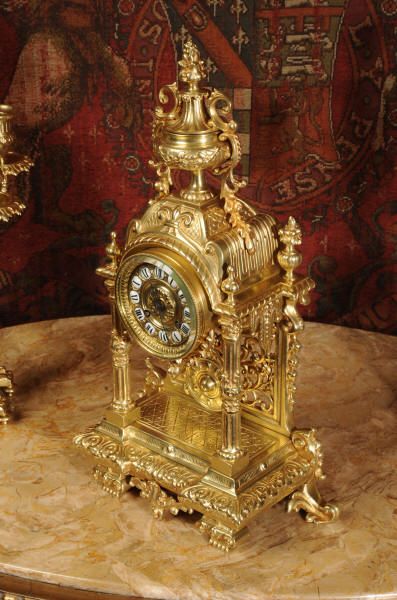 fig 5. Antique French Gilt Brass Portico Clock Set with visible pendulum