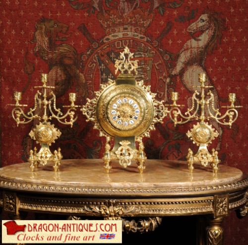 Antique French Gilt Brass Clock Set
