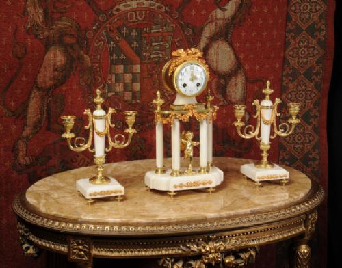 fig 1. Antique Clock Set ~ Ormolu and White Marble
~ French - Circa 1890 ~