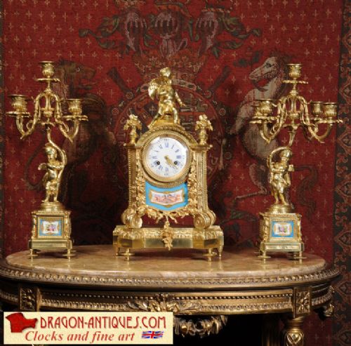 Early Sevres Porcelain and Ormolu Clock Set, Silk Suspension Movement
