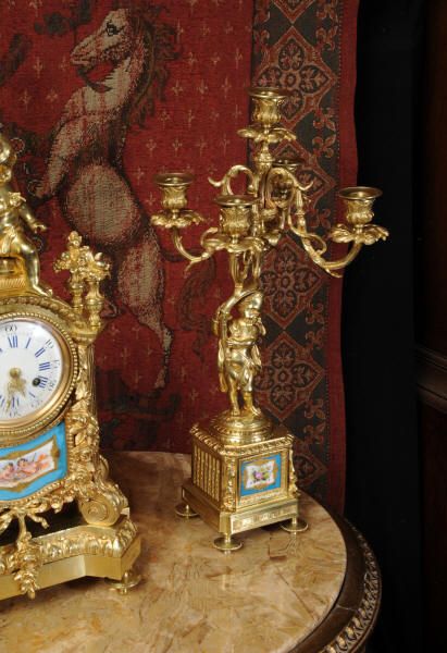fig 3. Early Sevres Porcelain and Ormolu Clock Set, Silk Suspension Movement