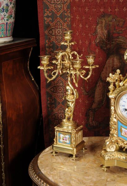 fig 6. Early Sevres Porcelain and Ormolu Clock Set, Silk Suspension Movement