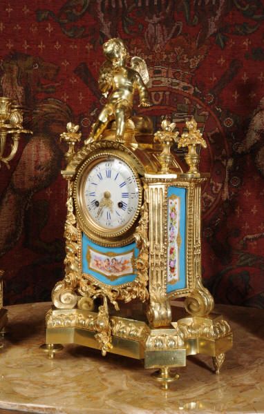 fig 1. Early Sevres Porcelain and Ormolu Clock Set, Silk Suspension Movement
