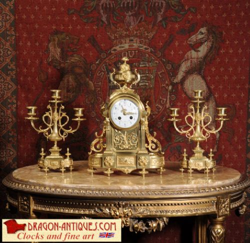 Antique French Gilt Brass Louis Xvi Boudoir Clock Set by Vincenti