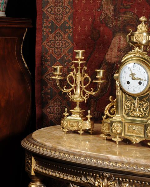 fig 2. Antique French Gilt Brass Louis XVI Boudoir Clock Set by Vincenti