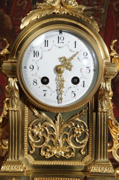 fig 3. Antique French Gilt Brass Louis XVI Boudoir Clock Set by Vincenti