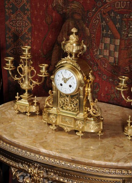 fig 1. Antique French Gilt Brass Louis XVI Boudoir Clock Set by Vincenti