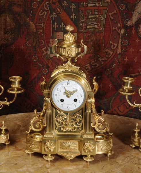 fig 4. Antique French Gilt Brass Louis XVI Boudoir Clock Set by Vincenti