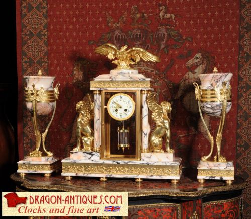 Huge Antique Clock Set ~ Ormolu and Specimen Marble Four Glass Crystal Regulator
