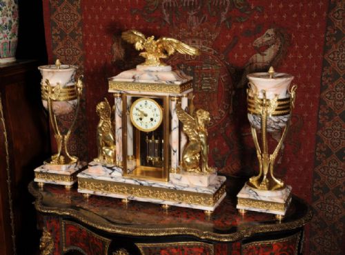 fig 1. Huge Antique Clock Set ~ Ormolu and Specimen Marble Four Glass Crystal Regulator