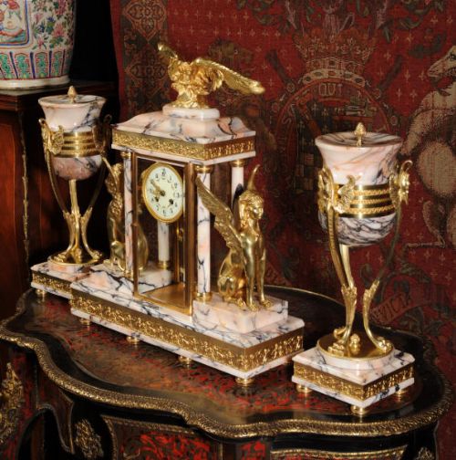 fig 2. Huge Antique Clock Set ~ Ormolu and Specimen Marble Four Glass Crystal Regulator